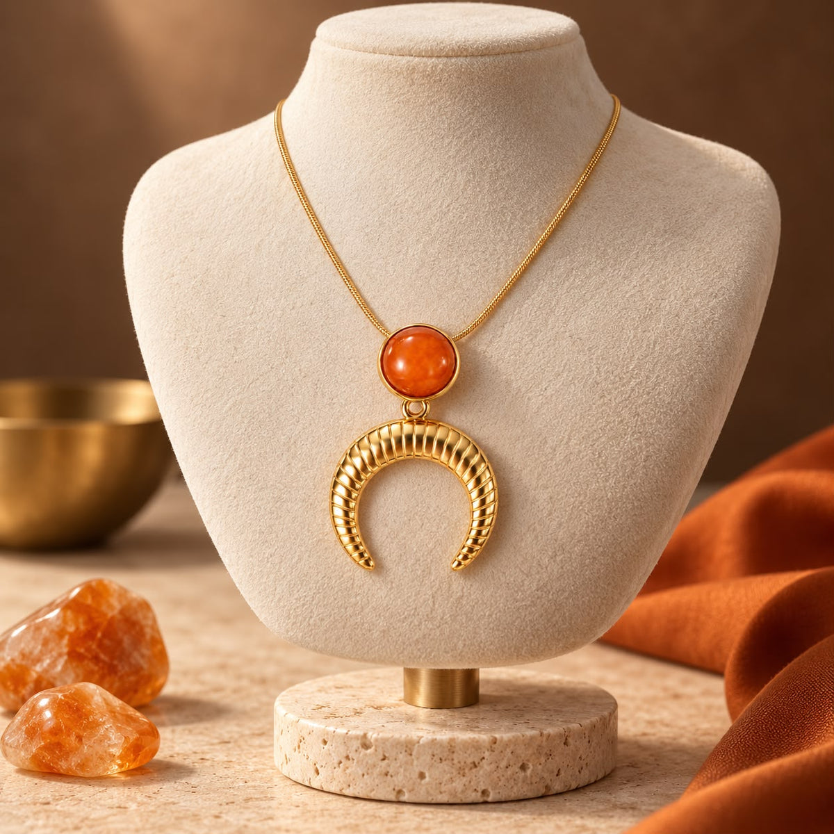 Solar Intuition Carnelian Effect Crescent Moon Gold Plated Stainless Steel Necklace