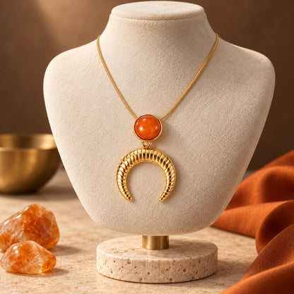 Solar Intuition Carnelian Effect Crescent Moon Gold Plated Stainless Steel Necklace
