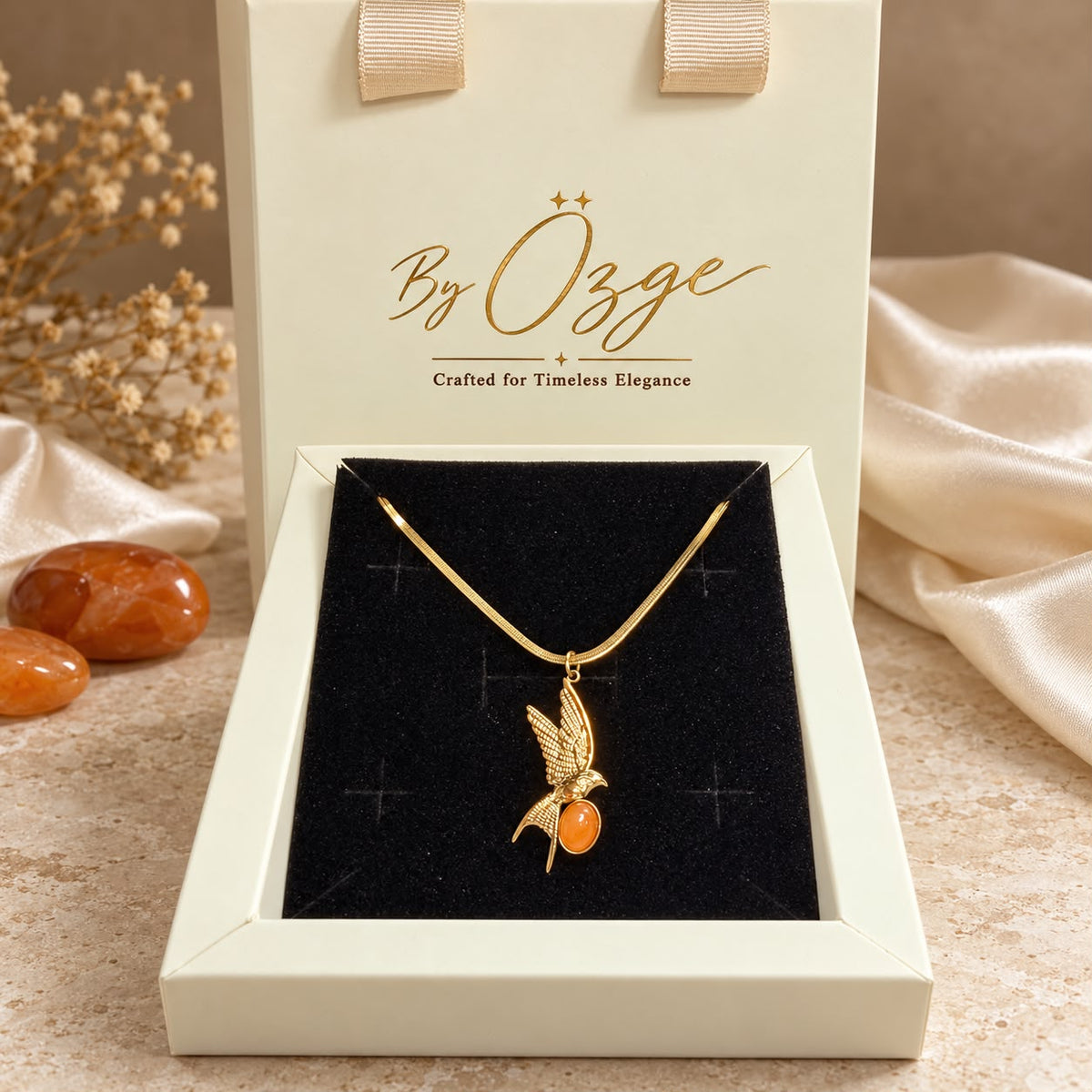 Messenger of Hope Carnelian Effect Swallow Gold Plated Stainless Steel Necklace