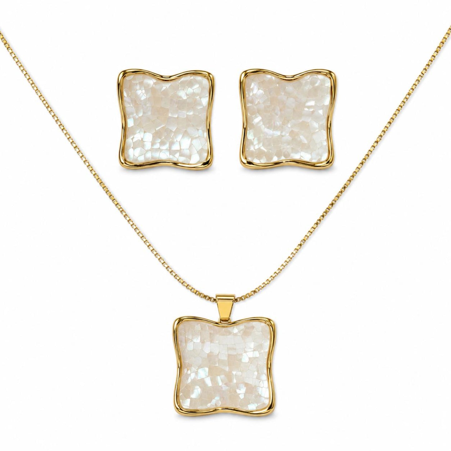 Aura Mother of Pearl Gold Plated Necklaces & Stud Earrings Set