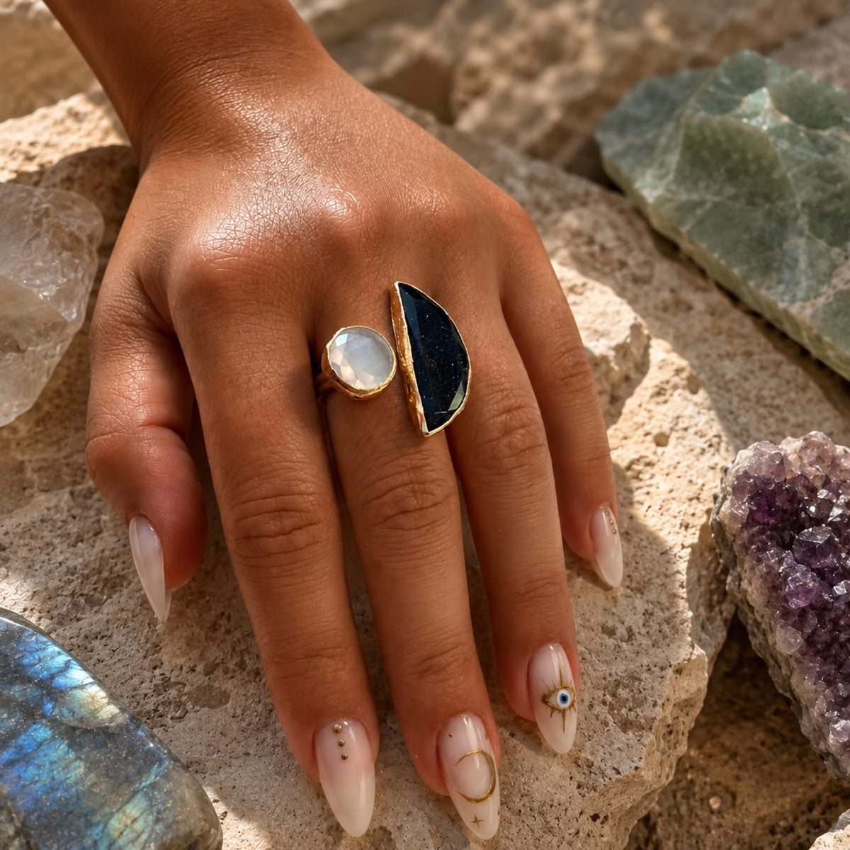 Moonlit Eclipse Blue Goldstone & White Moonstone Gold Plated Adjustable Ring