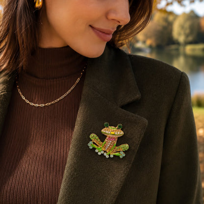 Mystic Leap Multicolour Zirconia And Gold Plated Frog Brooch