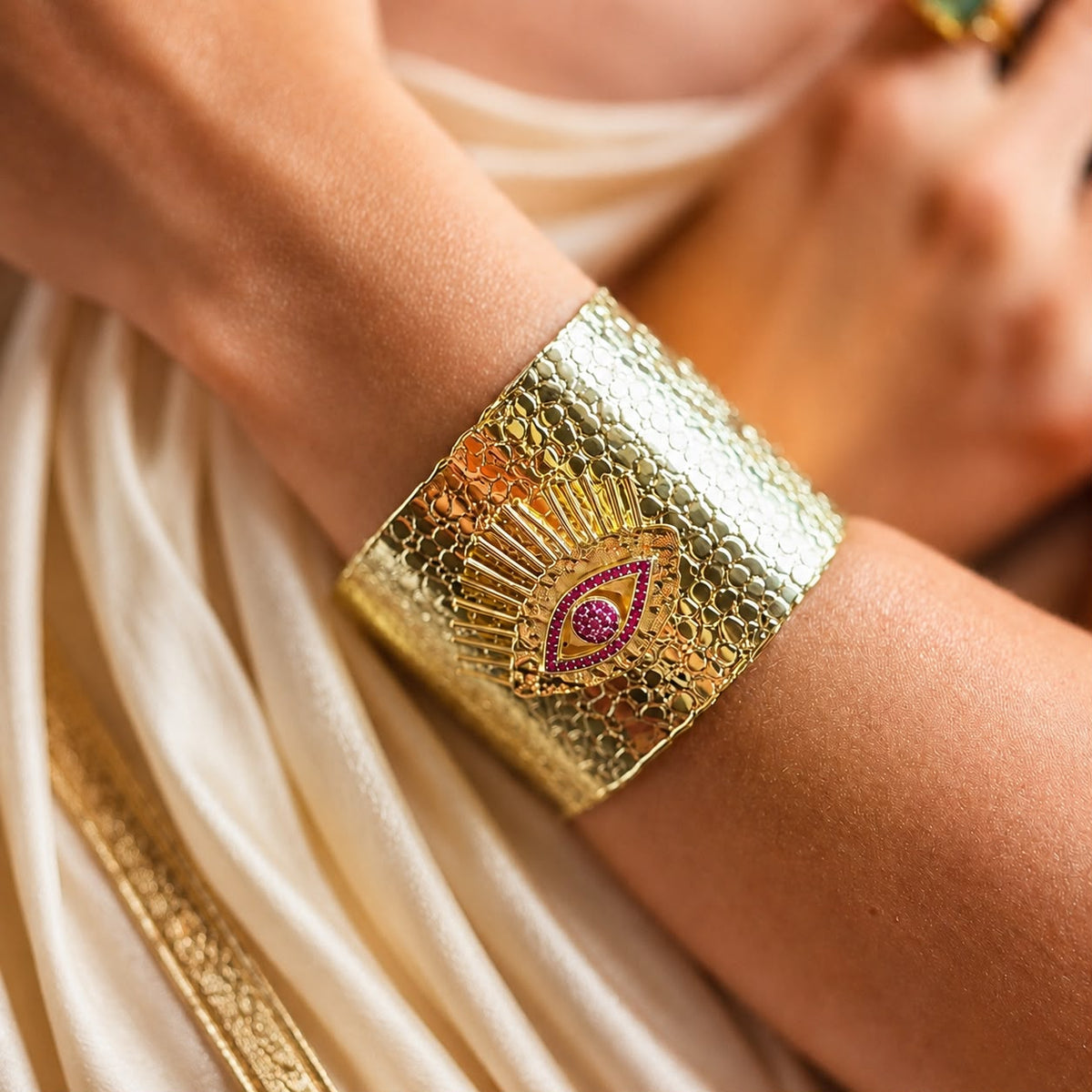 Divine Gaze Ruby Red Stone Evil Eye Gold Plated Statement Cuff Bracelet