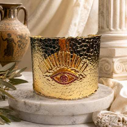Divine Gaze Ruby Red Stone Evil Eye Gold Plated Statement Cuff Bracelet