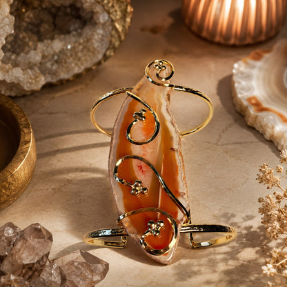 Sacred Ember Handcrafted Carnelian Agate Gold Plated Statement Cuff Bracelet