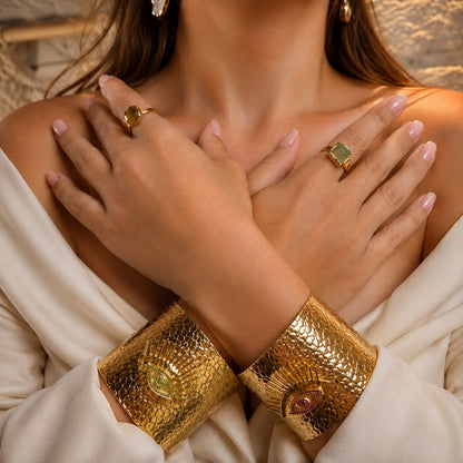 Divine Gaze Ruby Red Stone Evil Eye Gold Plated Statement Cuff Bracelet