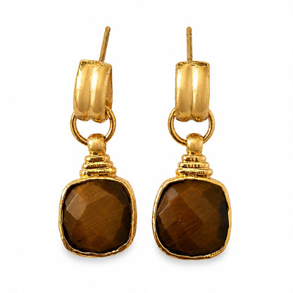 Golden Focus Natural Tiger’s Eye Gold Plated Drop Earrings