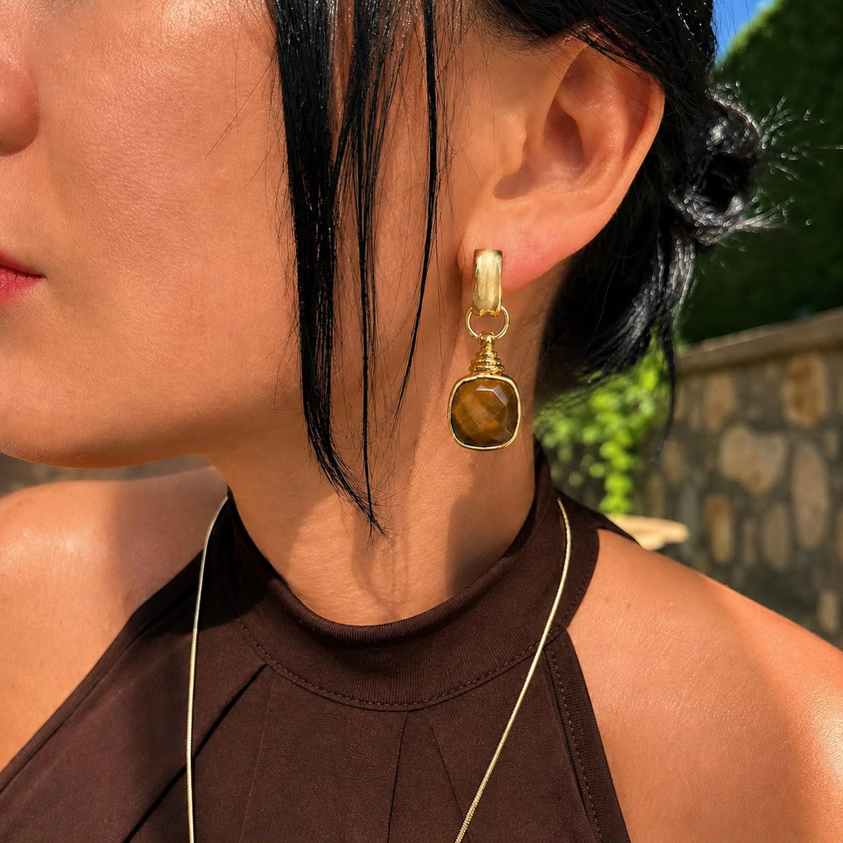 Golden Focus Natural Tiger’s Eye Gold Plated Drop Earrings