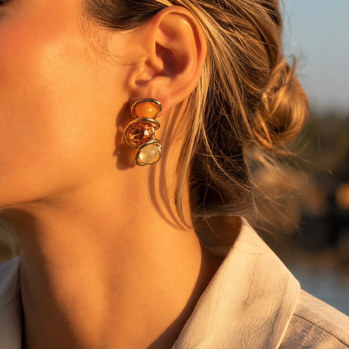 Solar Harmony Amber & Ivory Gold Plated Earrings