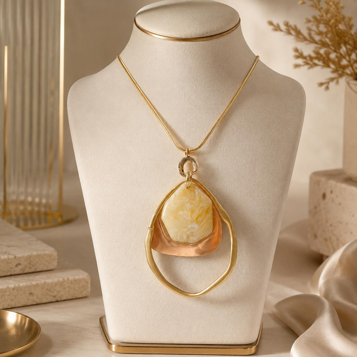 Mother of Pearl Gold Plated Long Sculptural Statement Pendant Necklace