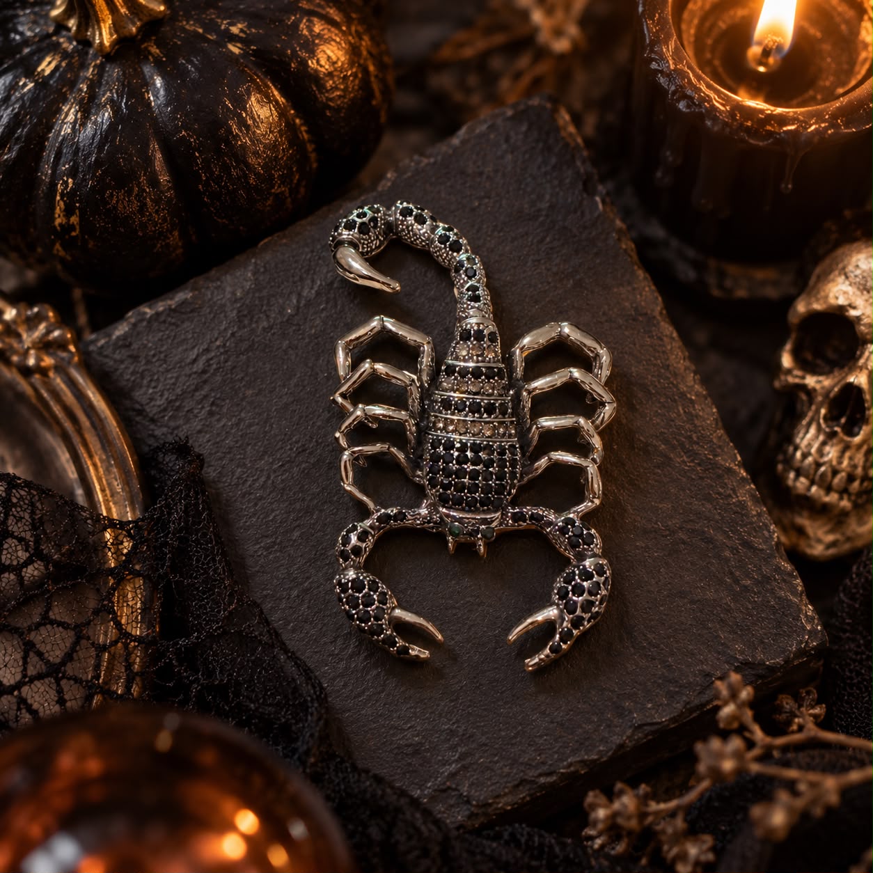 Midnight Scorpio Black Crystal & Green Eye Statement Brooch