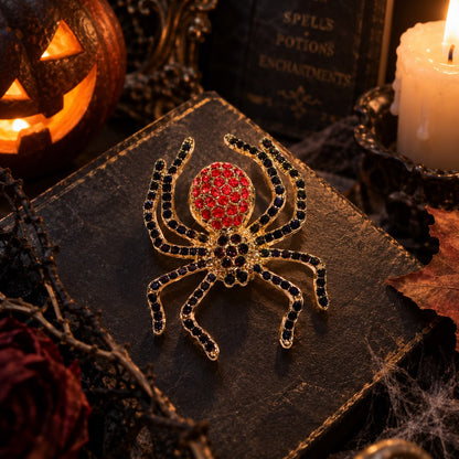 Mystic Spider Red & Black Crystal Gold Plated Brooch