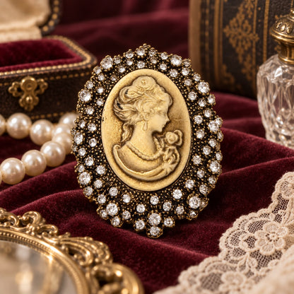 Regal Muse Ceramic-Effect Cameo Crystal Vintage Brass Statement Brooch