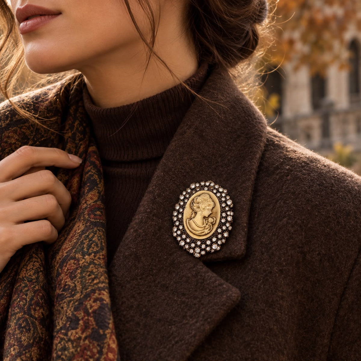 Regal Muse Ceramic-Effect Cameo Crystal Vintage Brass Statement Brooch