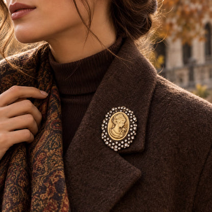 Regal Muse Ceramic-Effect Cameo Crystal Vintage Brass Statement Brooch