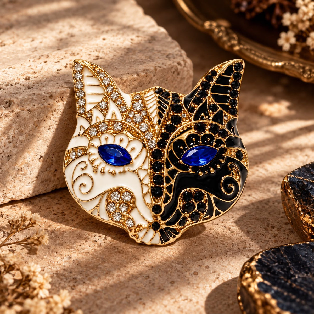 Dual Spirit Sapphire Blue Crystal Enamel Cat Gold-Tone Brass Brooch