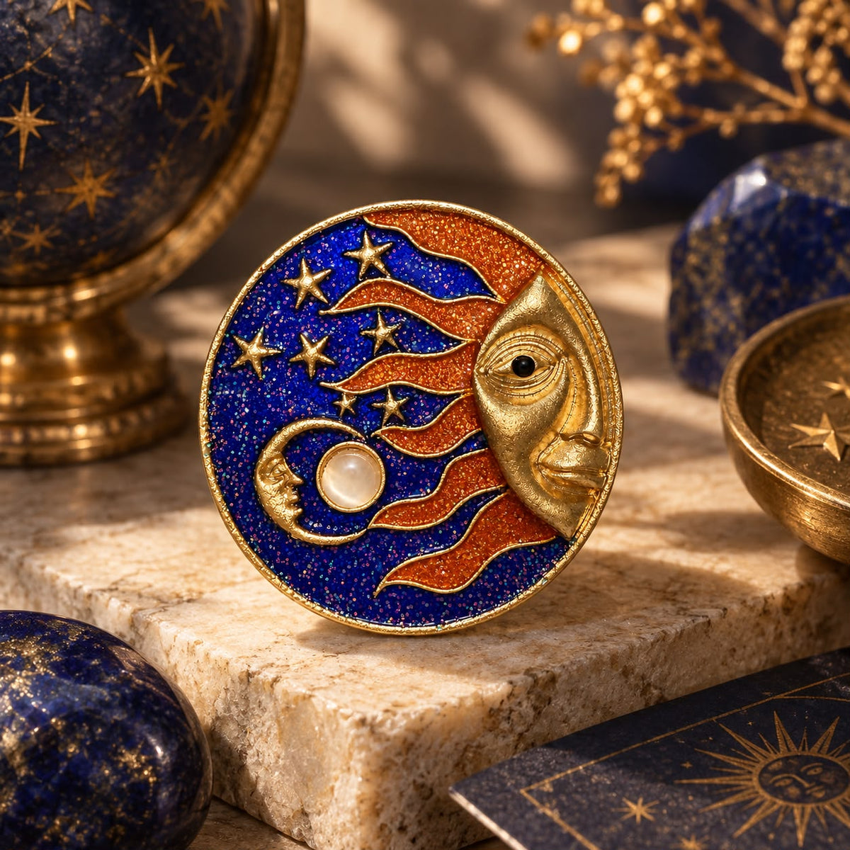 Celestial Balance Sun & Moon Pearl Enamel Vintage Brass Statement Brooch