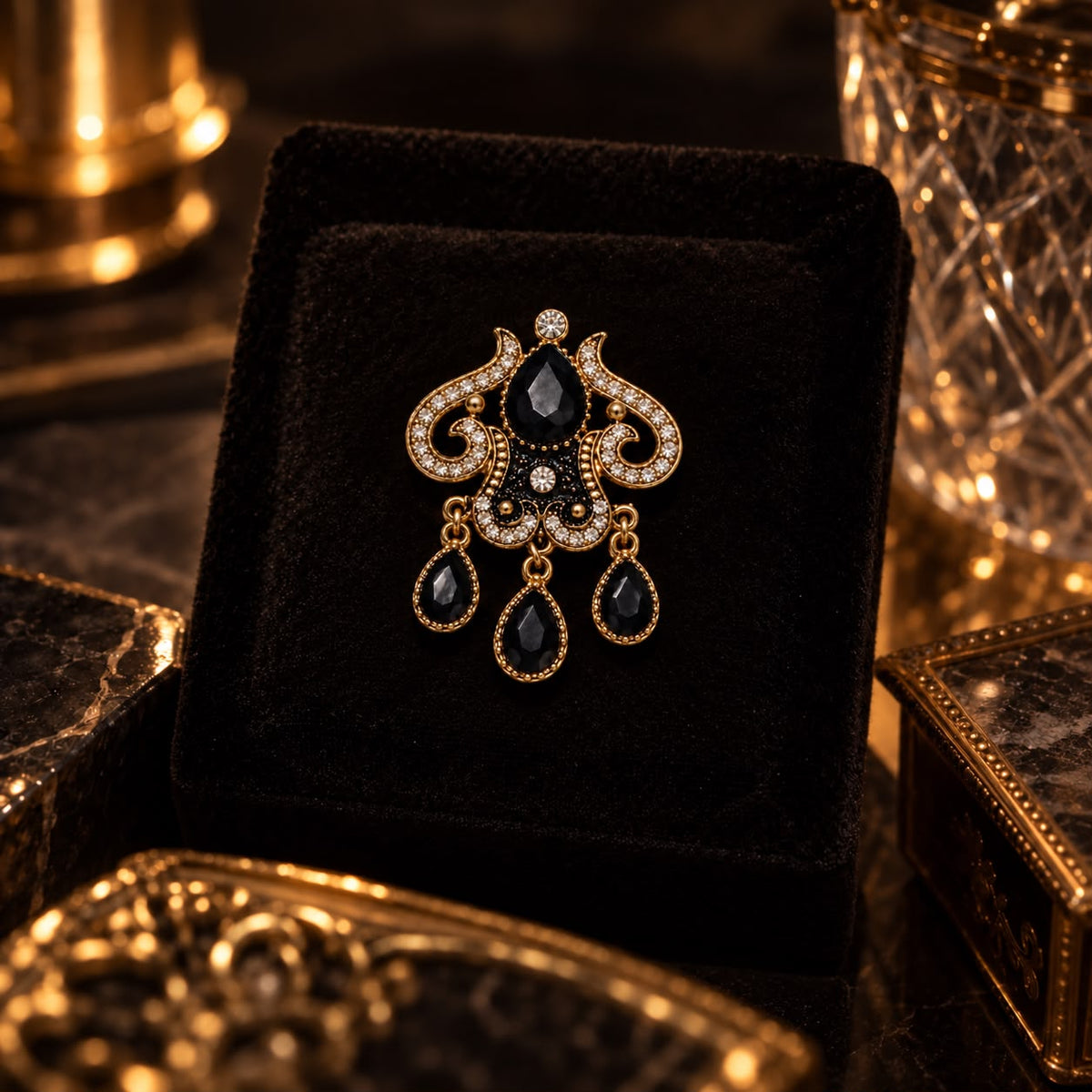 Midnight Guardian Black Onyx & Zircon Vintage Brass Gothic Statement Brooch