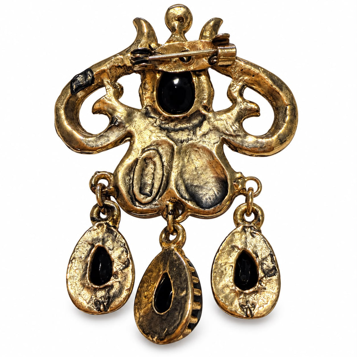 Midnight Guardian Black Onyx & Zircon Vintage Brass Gothic Statement Brooch