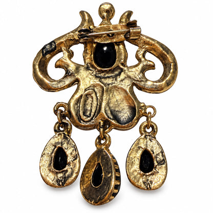 Midnight Guardian Black Onyx & Zircon Vintage Brass Gothic Statement Brooch