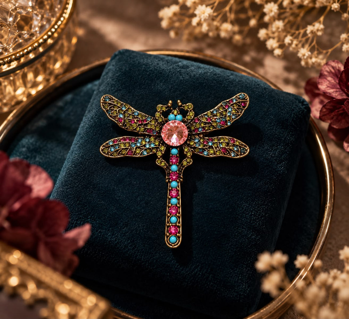 Transformation Spirit Multicolour Crystal Dragonfly Vintage Brass Statement Brooch