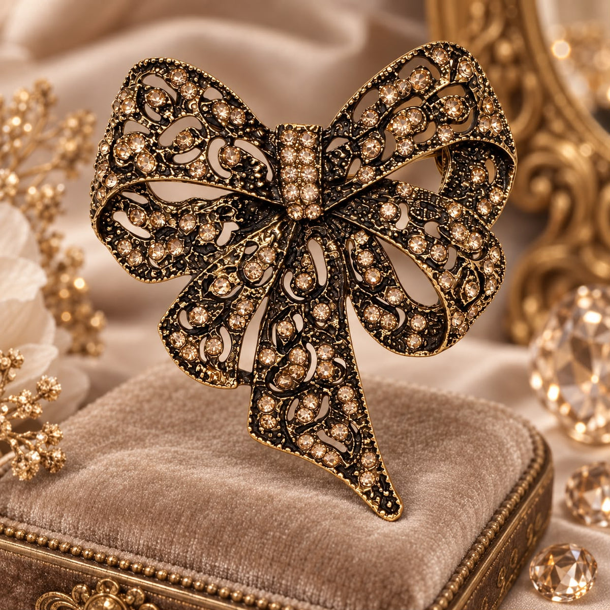 Eternal Bond Champagne Zircon Bow Vintage Brass Statement Brooch