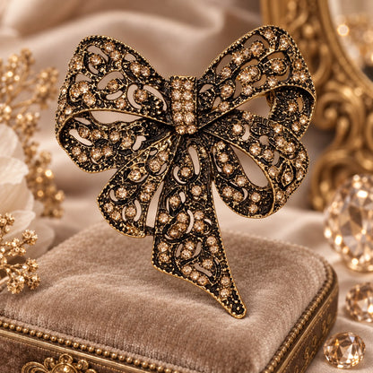 Eternal Bond Champagne Zircon Bow Vintage Brass Statement Brooch