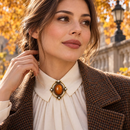 Autumn Serenity Agate-Effect & Pearl Vintage Brass Statement Brooch