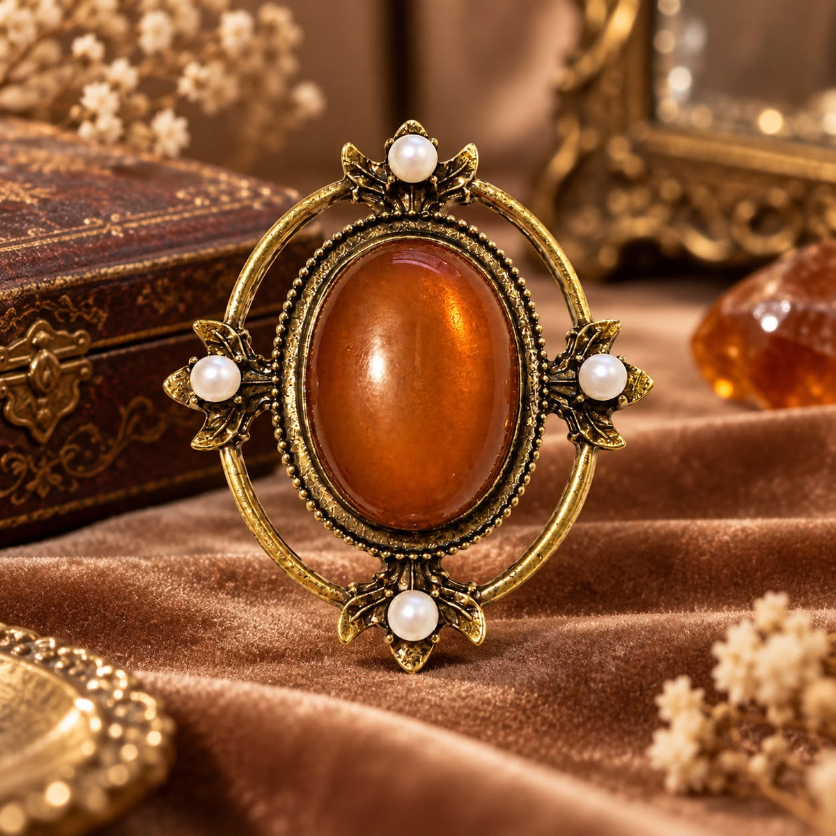 Autumn Serenity Agate-Effect & Pearl Vintage Brass Statement Brooch