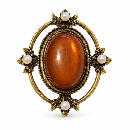 Autumn Serenity Agate-Effect & Pearl Vintage Brass Statement Brooch