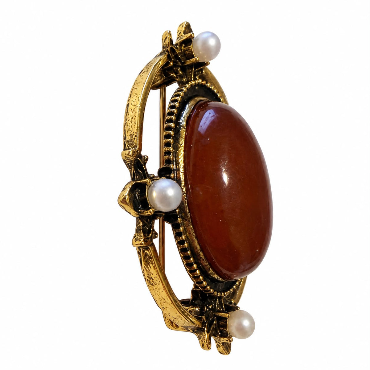 Autumn Serenity Agate-Effect & Pearl Vintage Brass Statement Brooch