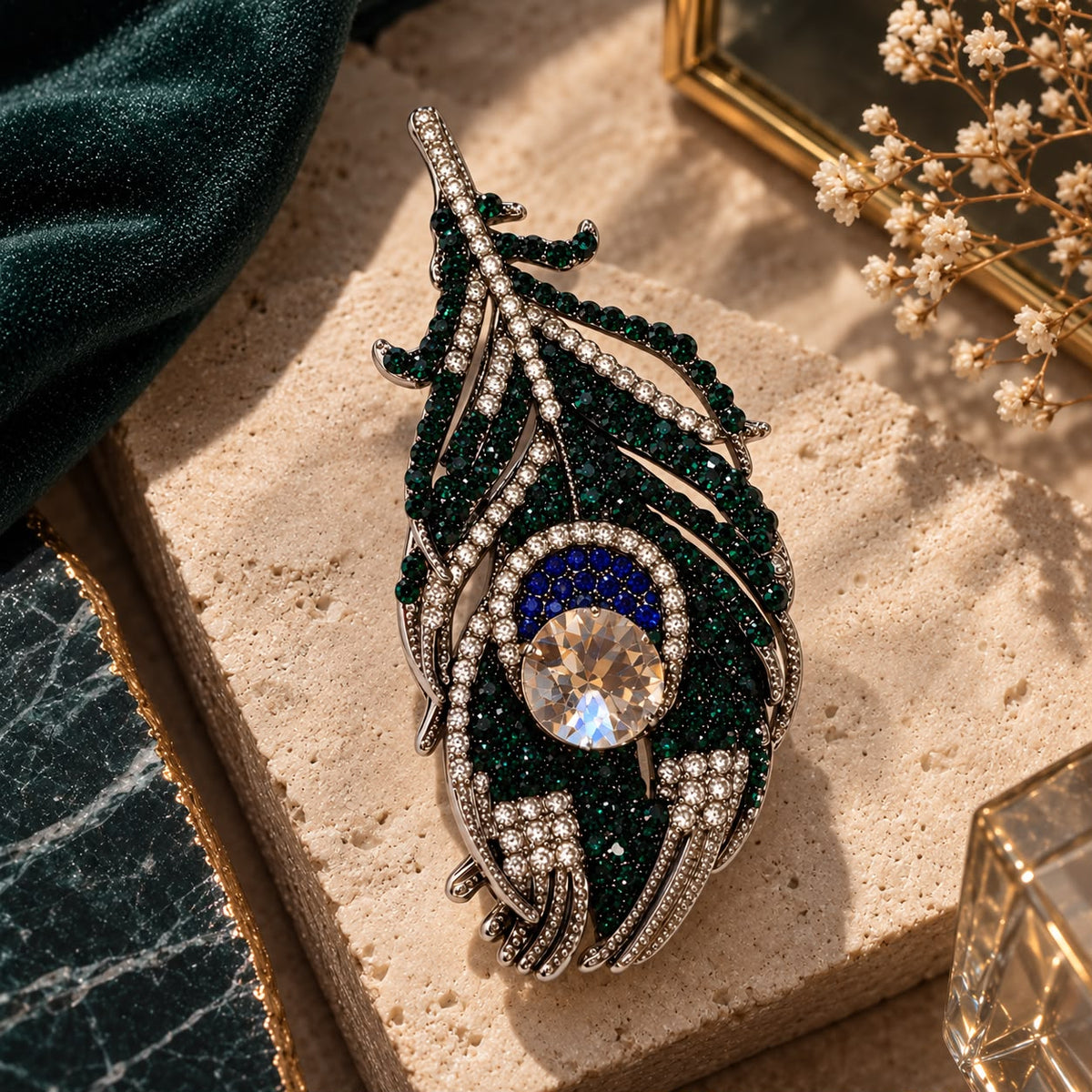 Emerald Vision Sapphire Blue Crystal Peacock Feather Silver-Tone Statement Brooch