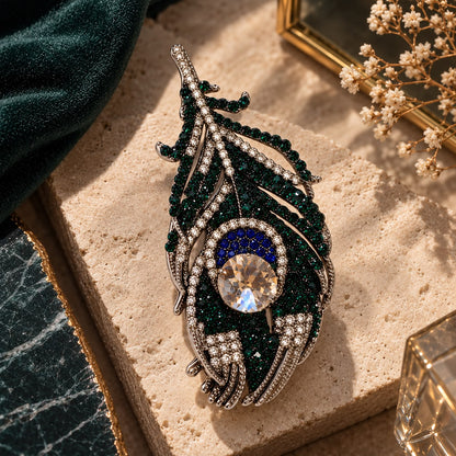 Emerald Vision Sapphire Blue Crystal Peacock Feather Silver-Tone Statement Brooch