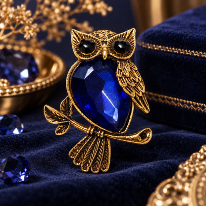 Mystic Wisdom Sapphire Blue Crystal Owl Gold-Tone Statement Brooch