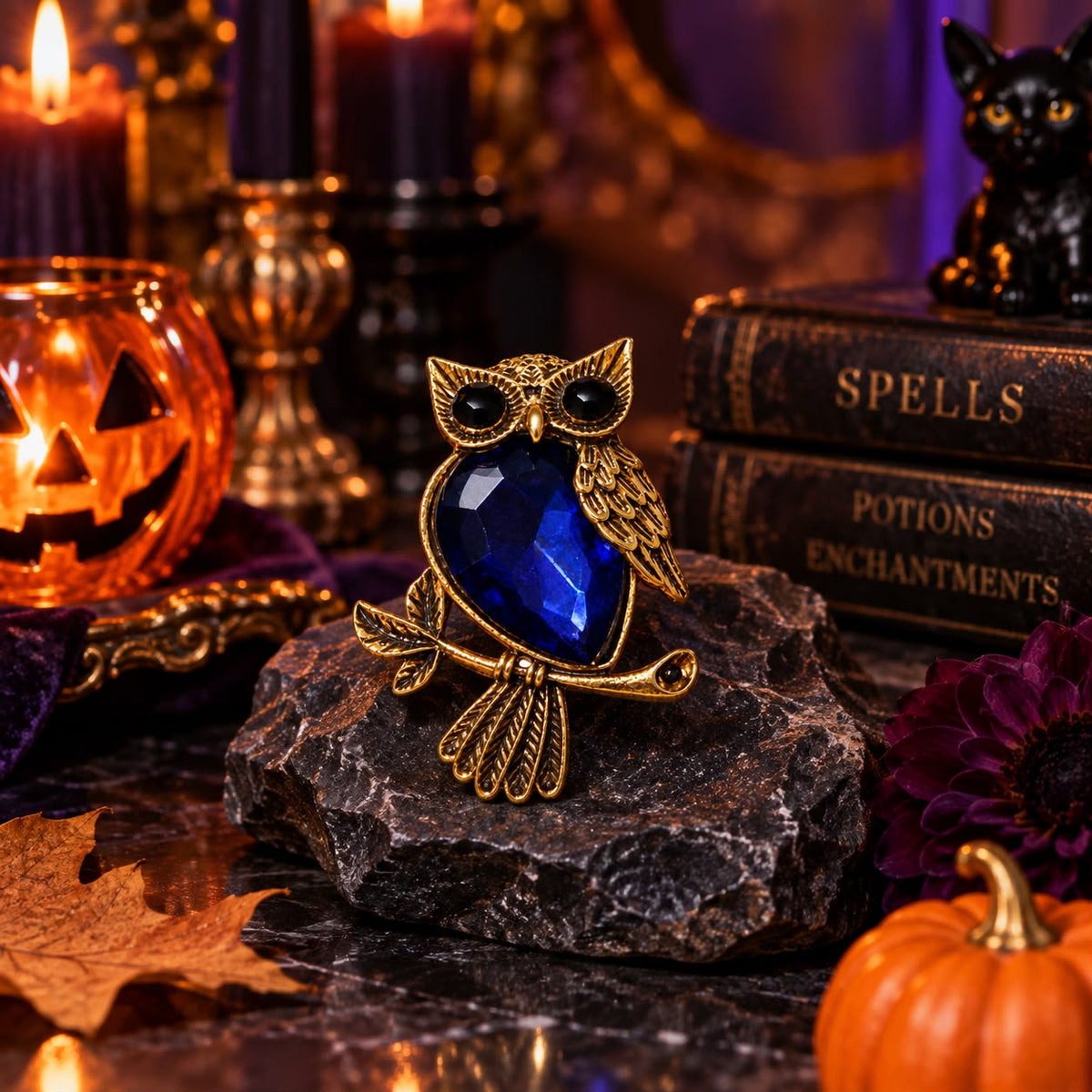 Mystic Wisdom Sapphire Blue Crystal Owl Gold-Tone Statement Brooch