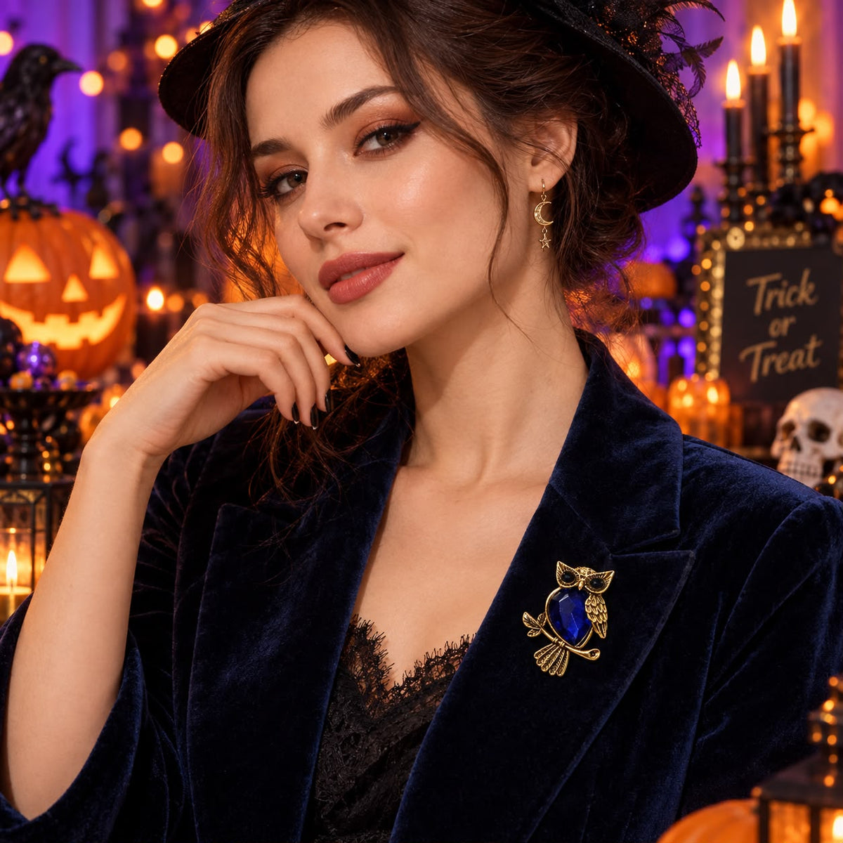 Mystic Wisdom Sapphire Blue Crystal Owl Gold-Tone Statement Brooch