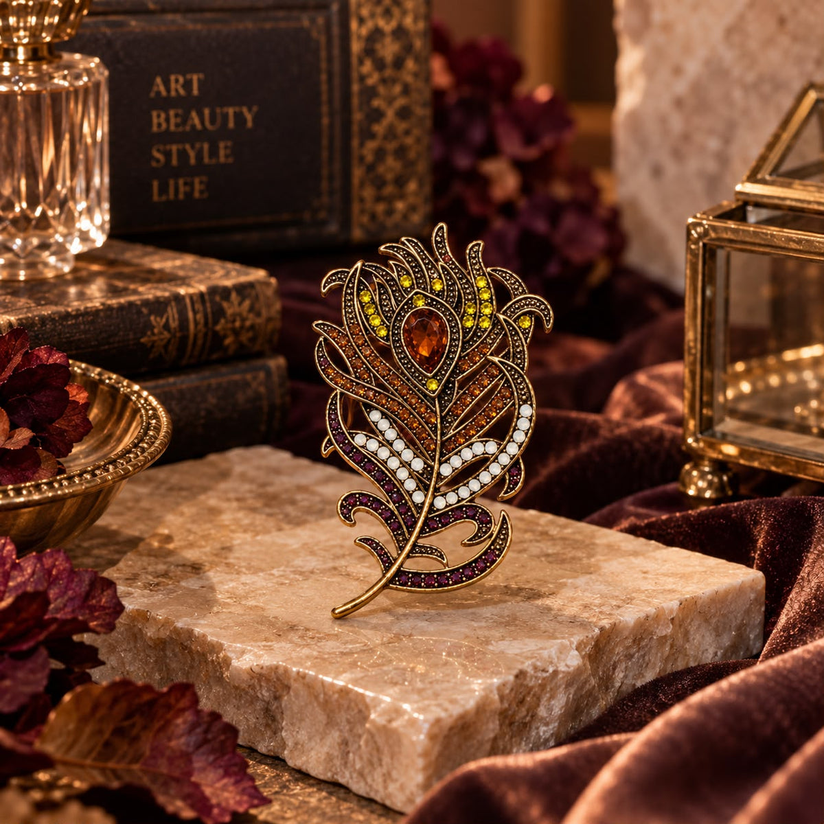 Autumn Radiance Multicolour Crystal Peacock Feather Vintage Brass Statement Brooch
