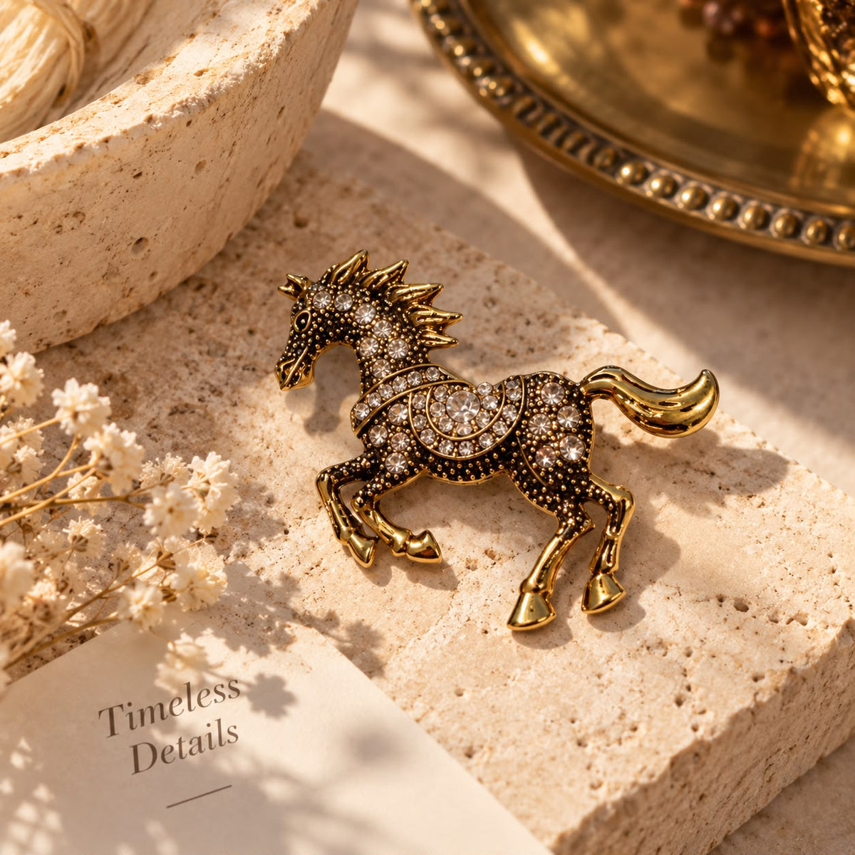 Spirit of Freedom Zircon Crystal Horse Vintage Gold-Tone Brass Statement Brooch