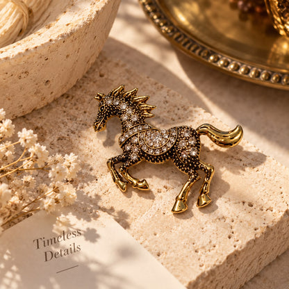 Spirit of Freedom Zircon Crystal Horse Vintage Gold-Tone Brass Statement Brooch