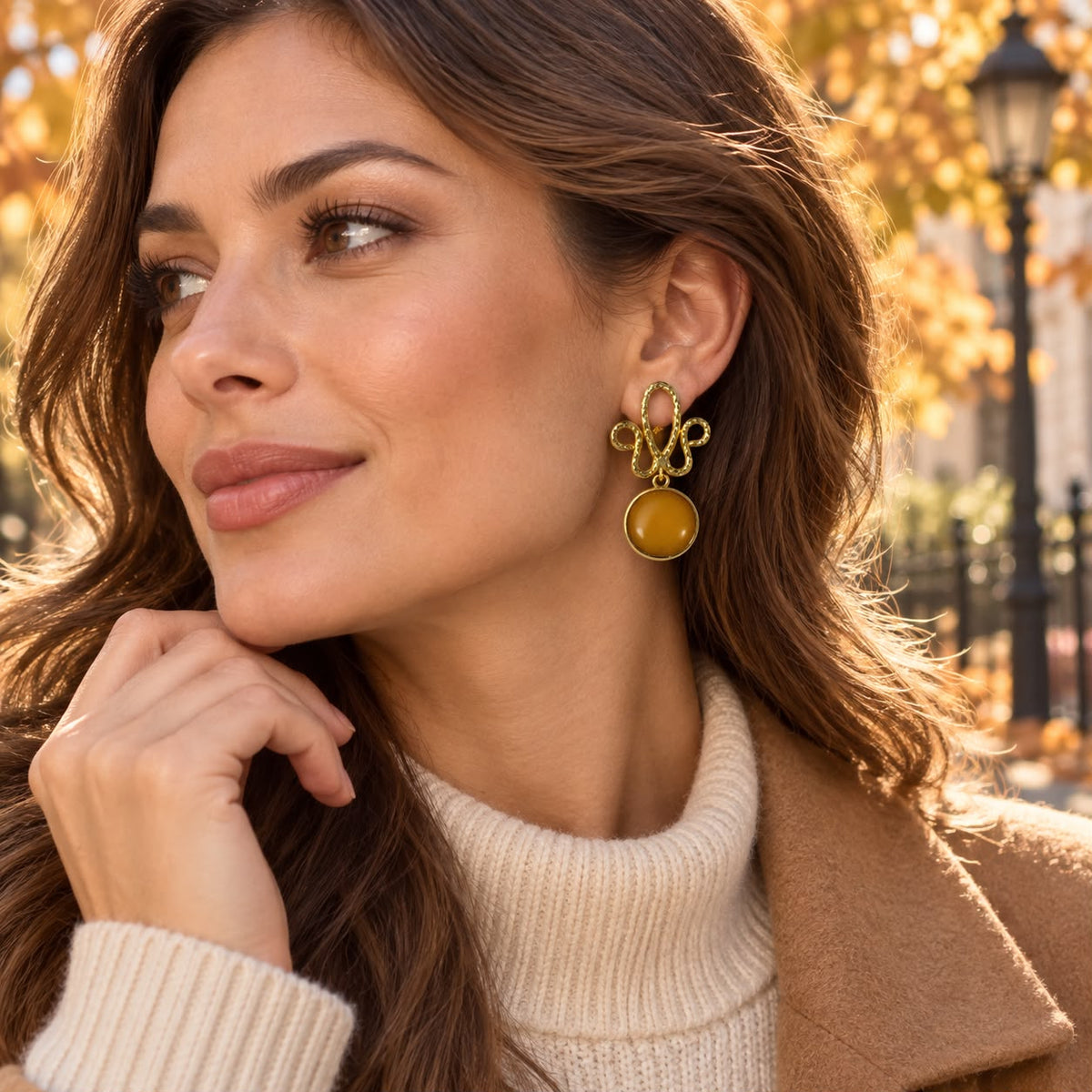 Golden Spirit Mustard Natural Stone Sculptural Brass Drop Earrings