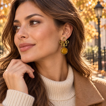 Golden Spirit Mustard Natural Stone Sculptural Brass Drop Earrings