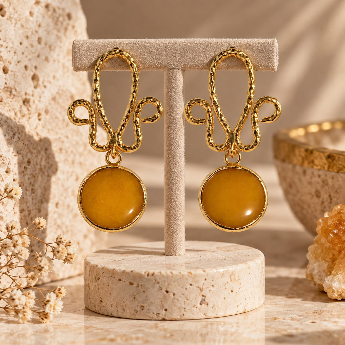 Golden Spirit Mustard Natural Stone Sculptural Brass Drop Earrings