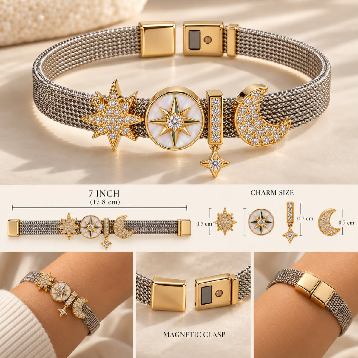 Celestial Guidance Silver & Gold-Plated Enamel Zircon Charm Bracelet