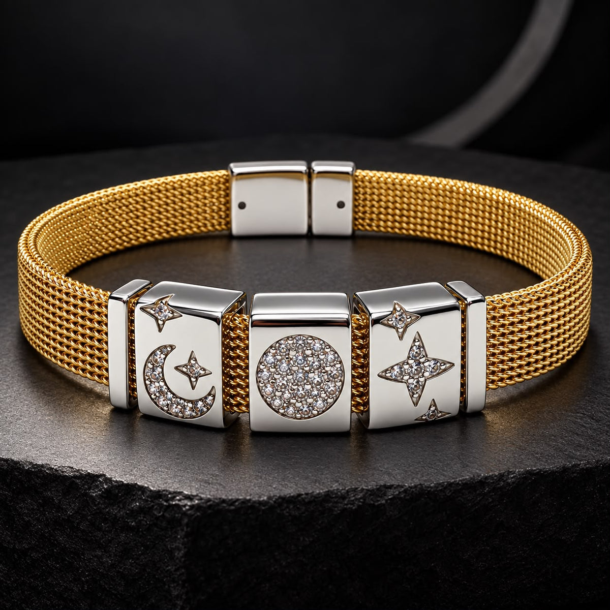 Celestial Motion Gold Plated Moon & Star Charm Zircon Bracelet