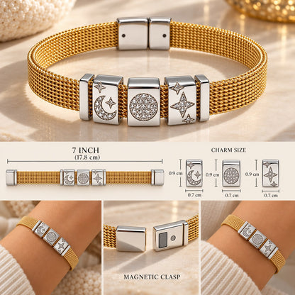 Celestial Motion Gold Plated Moon & Star Charm Zircon Bracelet