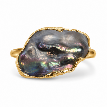 Mystic Black Pearl Gold Plated Adjustable Ring