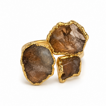 Mystic Smoky Amethyst Quartz Trinity Gold Plated Adjustable Ring