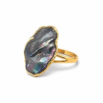 Mystic Black Pearl Gold Plated Adjustable Ring