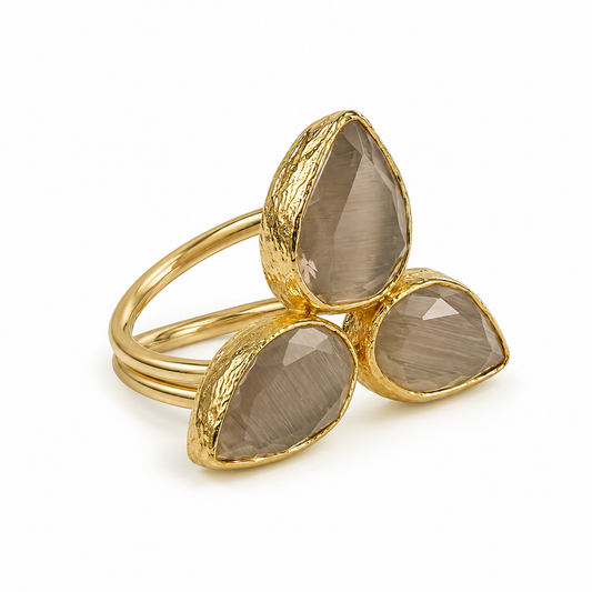 Mystic Smoky Quartz Trinity Gold Plated Adjustable Ring