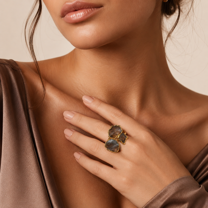 Mystic Smoky Amethyst Quartz Trinity Gold Plated Adjustable Ring